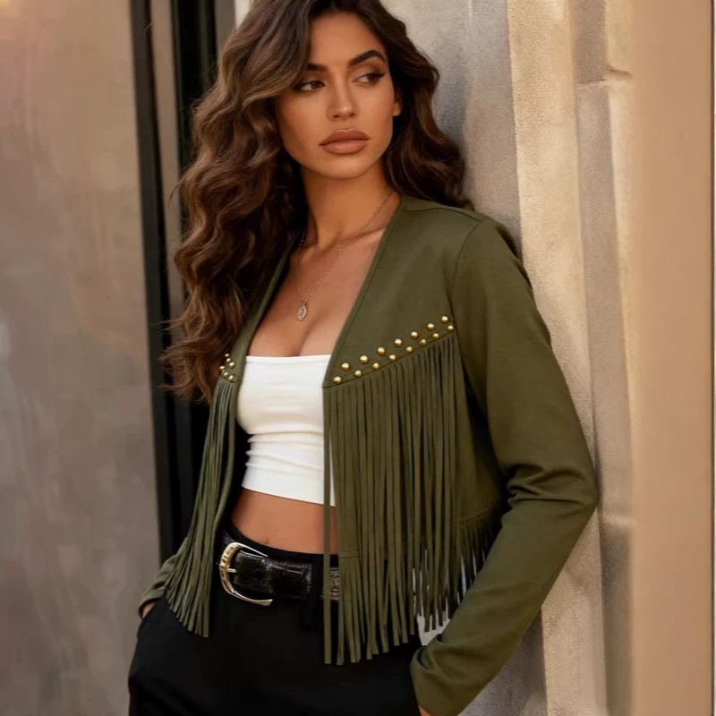 Amazon Cross-Border 2026 New Style Faux Suede Fringe-Trimmed Long-Sleeve Front-Opening Jacket Western-Style Concert Outfit Amazon Cross-Border 2026 New Style Faux Suede Fringe-Trimmed Long-Sleeve Front-Opening Jacket Western-Style Concert Outfit