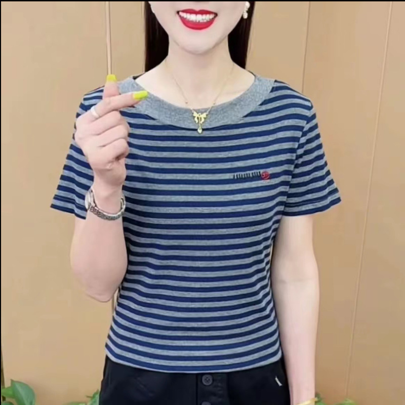 2025 New Summer Style Fashionable and Exquisite Round Neck Versatile Slimming Look T-Shirt Elegant Women's Age-Reducing Short-Sleeved Tops