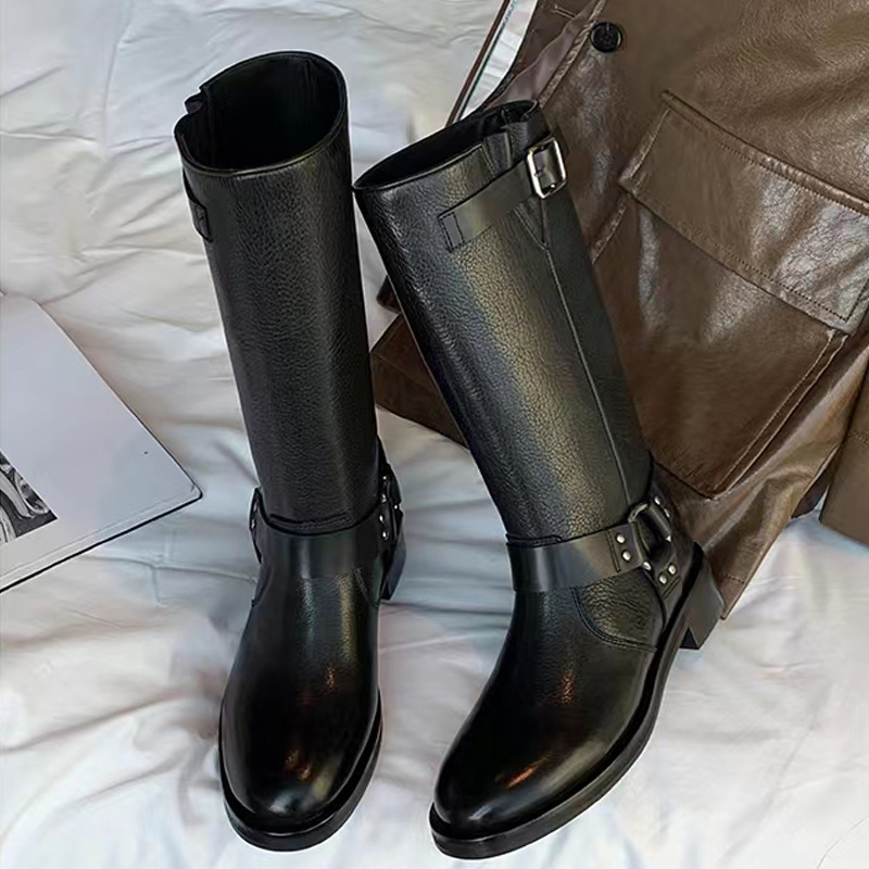 Uva mamá 2023 otoño e invierno nuevo fresco chic vegetal curtido francés retro hebilla de cinturón de media pantorrilla fondo grueso botas de caballero para las mujeres