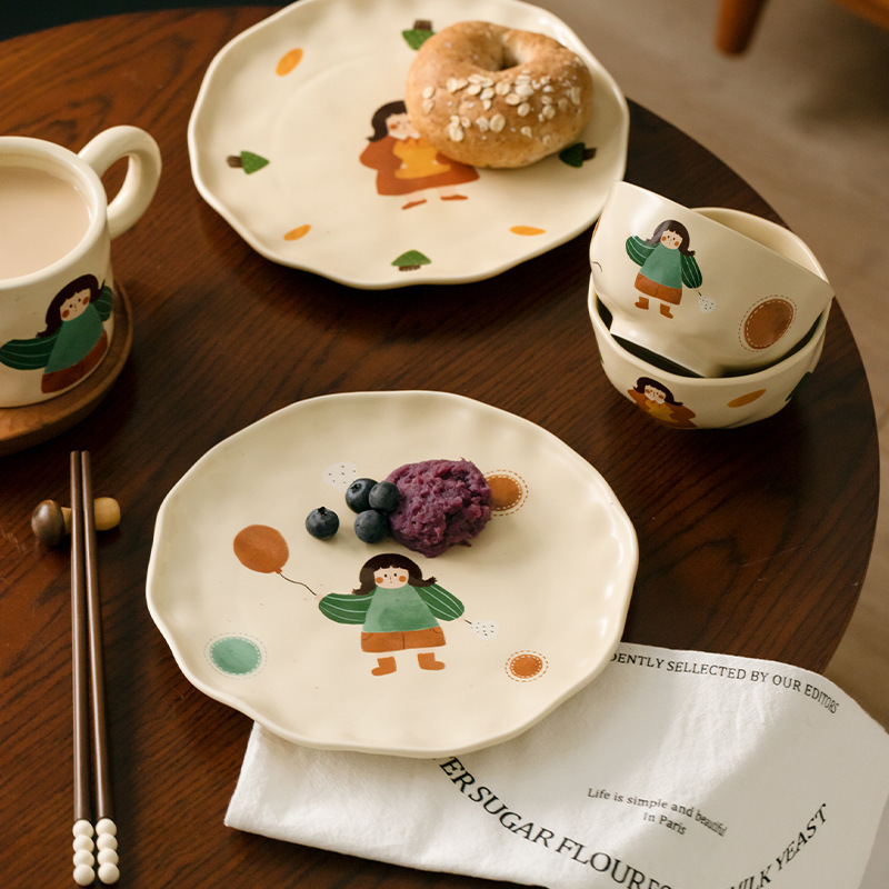 Vintage Girl's Dinner Plate Cute Plate Household Ceramic Plate Cartoon Plate Rice Bowl Small Bowl Mug with Lid Vintage Girl's Dinner Plate Cute Plate Household Ceramic Plate Cartoon Plate Rice Bowl Small Bowl Mug with Lid