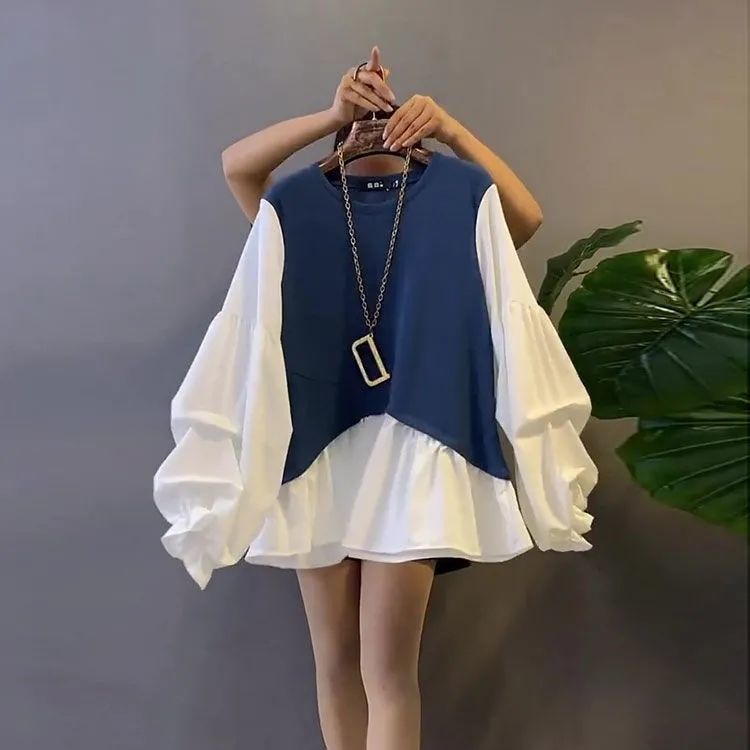 卫衣斤特胖妹妹不规则泡泡袖衬衫拼接假两件上衣大码女装潮妈300|undefined