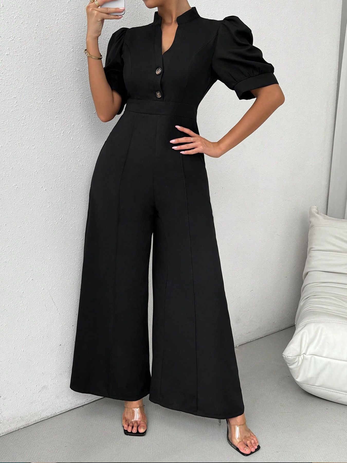 Amazon comercio exterior transfronterizo primavera y otoño v-cuello europeo y americano pantalones de camisa de mujer de cintura de manga corta pantalones de piernas anchas estilo de trabajo delgado