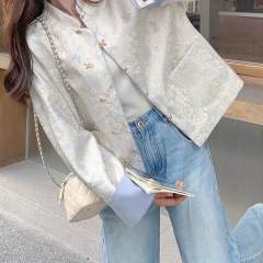 新中式国风缎面印花修身外套女春秋新款年轻时尚减龄短款蝴蝶上衣
