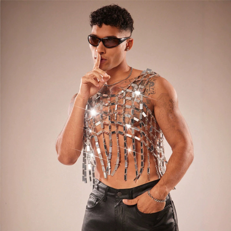 European and American Style Ins Cross-Border Vest Men's Acrylic Rhinestone Patchwork Sexy Tank Top Festival Nightclub Top K27201