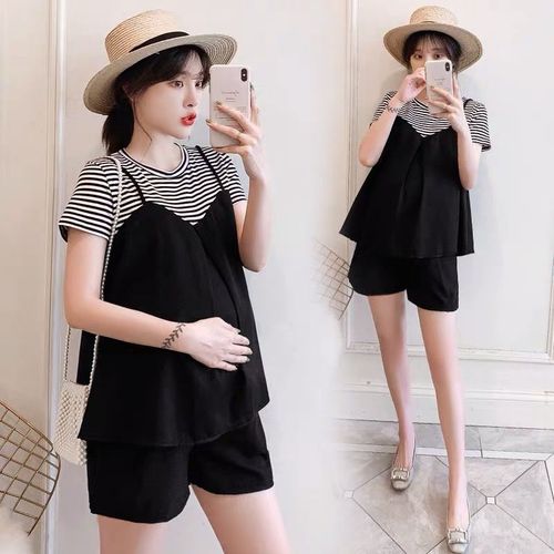 Pregnant Women's Summer Set Fashion Style Pseudo-Two-Piece Striped Patchwork Top + Shorts Outfit Two-Piece Set