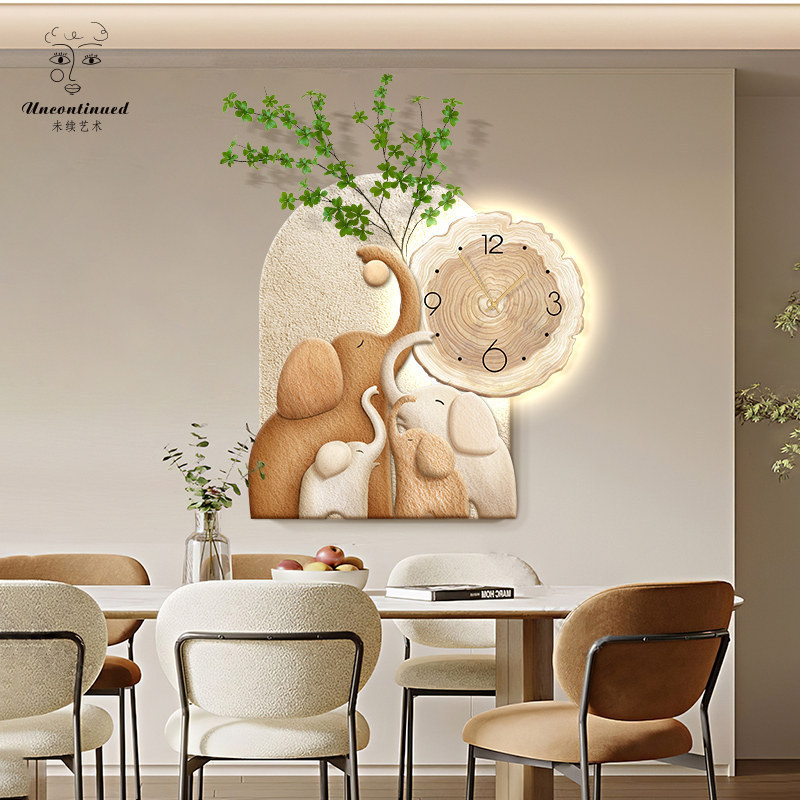 Wabi-sabi style elephant restaurant dining table background wall decoration wall clock living room trendy clock green plant clock wall-mounted silent clock Wabi-sabi style elephant restaurant dining table background wall decoration wall clock living room trendy clock green plant clock wall-mounted silent clock