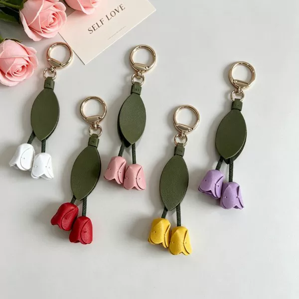 Cross-Border Handmade Tulip Flower Leather Keychain Pendant Bag Charm Car Decoration Xiaohongshu Hot-Selling Gift