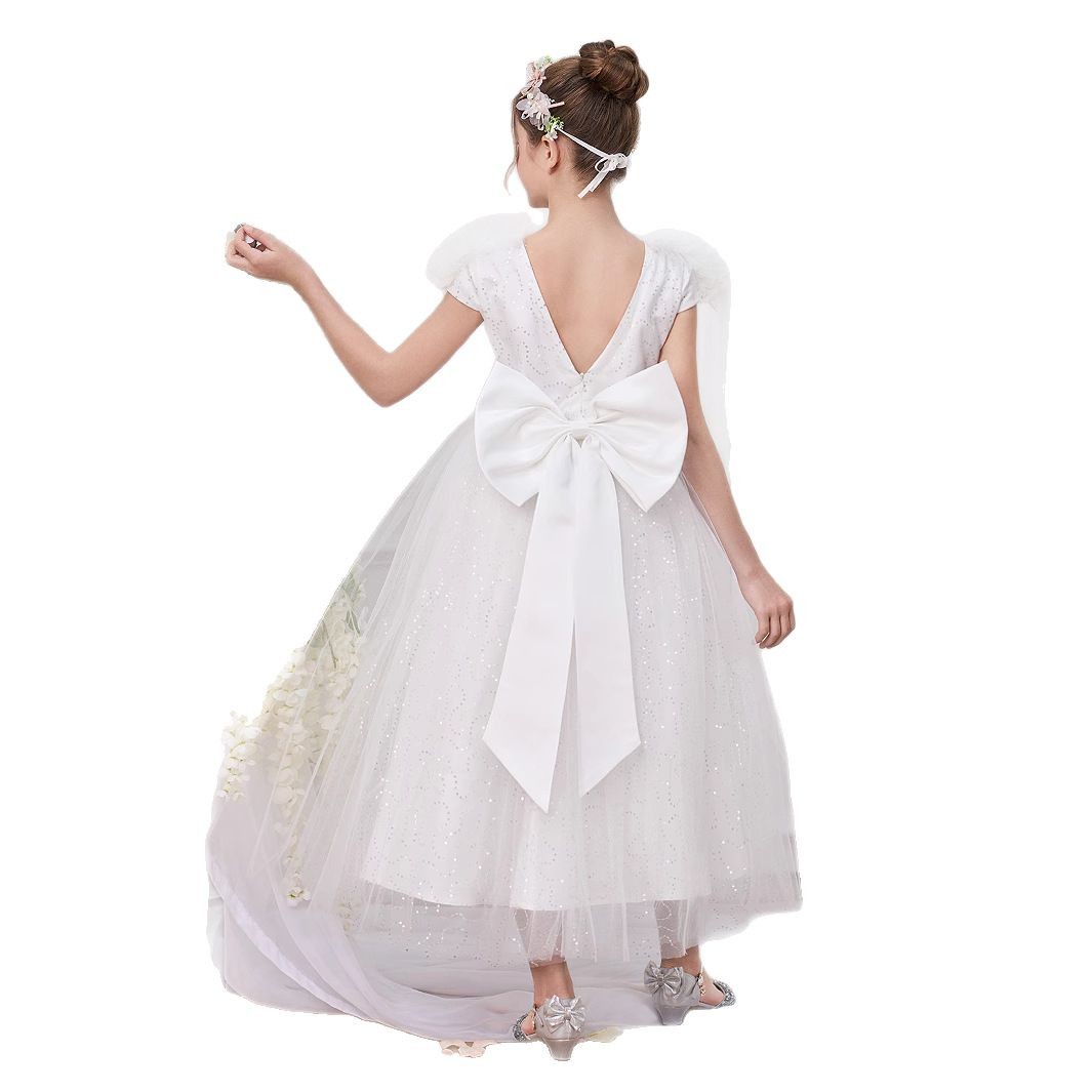 Nuevo vestido transfronterizo, vestido de princesa, manga abullonada, vestido de fiesta para niñas, vestido de actuación, vestido de falda de gasa hinchada con lazo