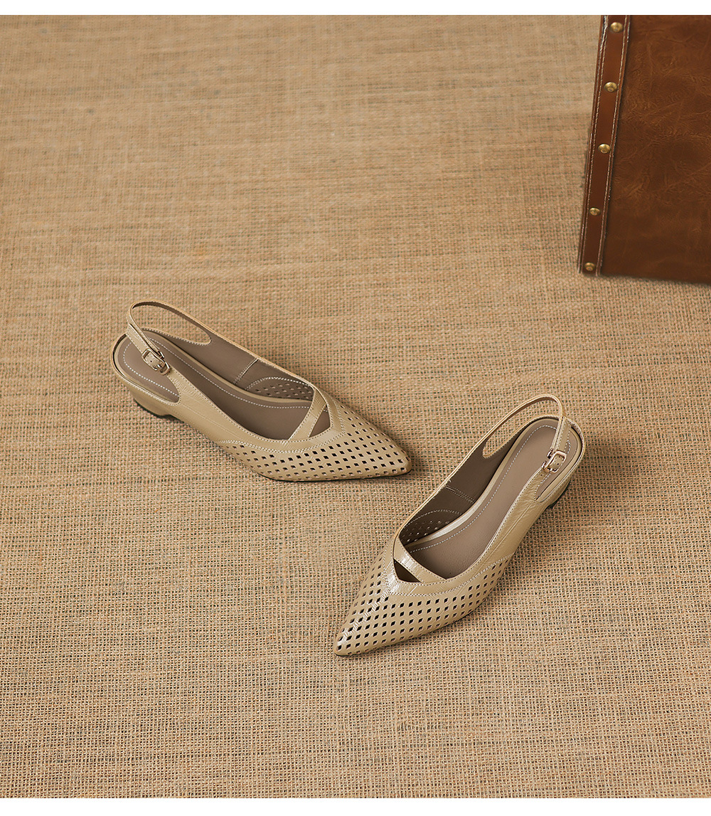 Sandal nữ gót thấp 5.5 cm mũi kín quai ngang khóa một chữ — màu trắng ngà chi tiết 15