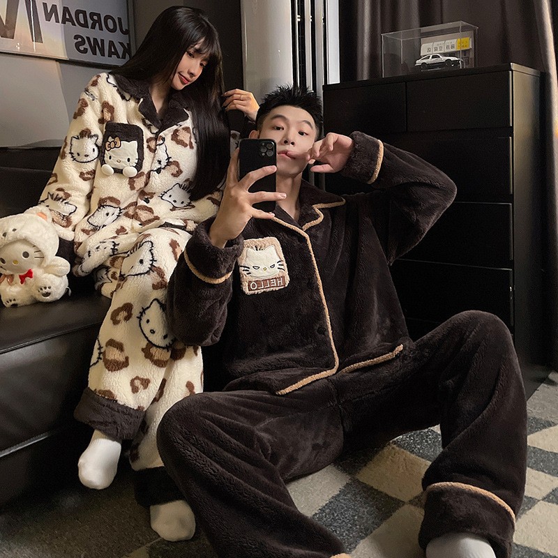 Couple Pajamas Women Winter Thickened Stuffed 2025 New Cartoon Men's Flannel Cartoon Homewear Set