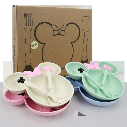 Cross-border kindergarten gift set, children's bowl and plate three-piece set, children's dinner plate, wheat straw baby food supplement tableware