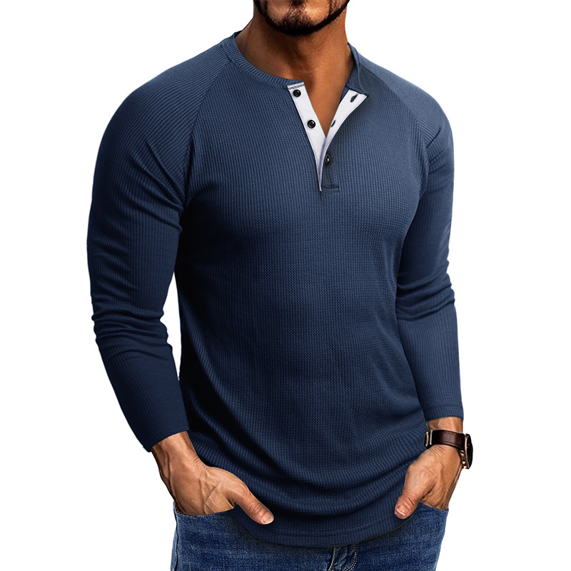 2023 Otoño e Invierno ropa de hombre europea y americana Henry cuello de manga larga Camiseta Comercio exterior camisa de hombre waffle camiseta camisa de fondo