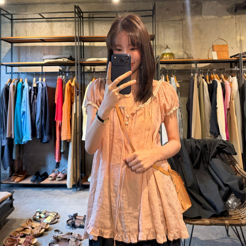 Fer*Ata Ramie 100 Lace-Up Short-Sleeve Shirt Korean Designer Women's Half-Button Korean-Style Top Fer*Ata Ramie 100 Lace-Up Short-Sleeve Shirt Korean Designer Women's Half-Button Korean-Style Top