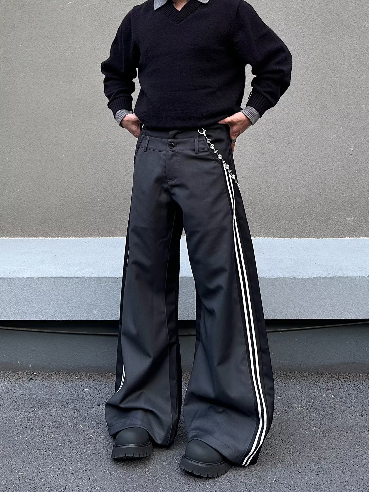 Men's Casual Pants Retro Double Waistband Spliced Curved Blade Loose Long Trousers_mkmklike.com