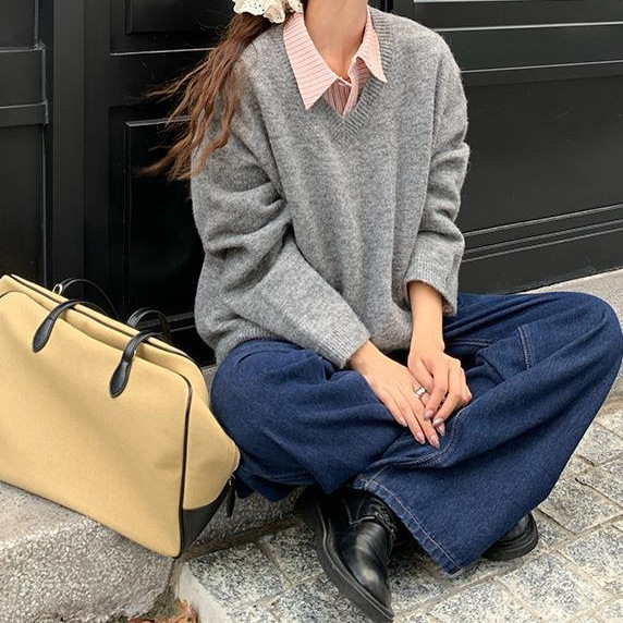 韩系慵懒风氛围感V领宽松纯色毛衣春秋女百搭软糯毛针织衫女上衣|undefined