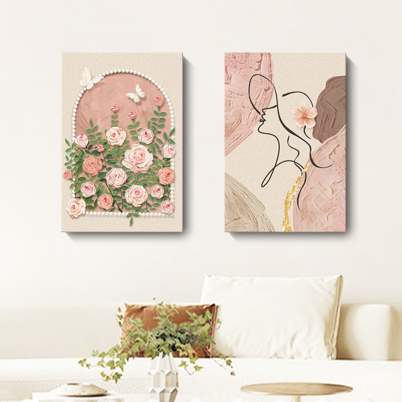 Nordic Modern Pink Abstract Decorative Painting Cream Style Flower Line Figure Hanging Painting Apartment Homestay Inner Frame Painting