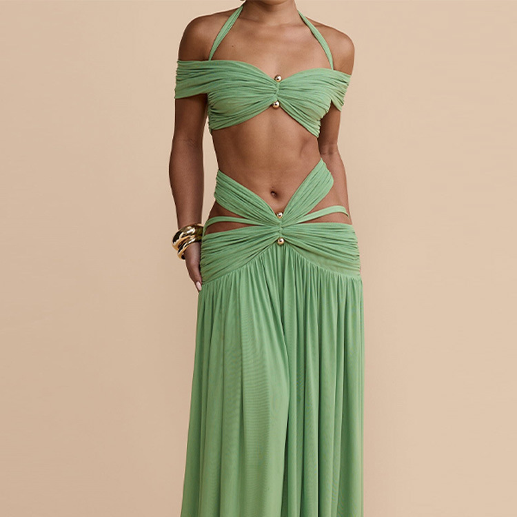 Cross-border foreign trade green halter neck off-shoulder set with pleated hollow-out metal fishtail skirt two-piece evening dress Cross-border foreign trade green halter neck off-shoulder set with pleated hollow-out metal fishtail skirt two-piece evening dress