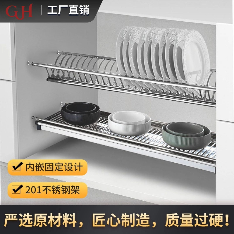 Gabinete de cocina gabinete estante de almacenamiento de doble capa incorporado estante de drenaje de platos de acero inoxidable estante de cocina estante de platos