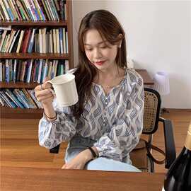 跨境秋季新款韩版长袖印花衬衫设计感小众宽松休闲chic女式上衣
