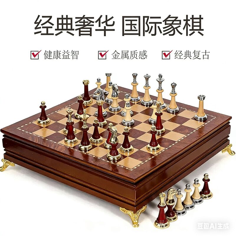 Solid Wood International Chess Set with High-End Drawer-Style Chess Pieces, Metal-Inlaid Wooden Chess Pieces, Tabletop Game Solid Wood International Chess Set with High-End Drawer-Style Chess Pieces, Metal-Inlaid Wooden Chess Pieces, Tabletop Game