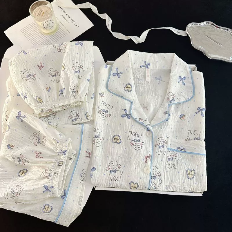 2025 новых японских пижам из овечьей шерсти для женщин, летний тонкий хлопчатобумажный комплект из трех предметов, кардиган для отдыха на весну и осень.