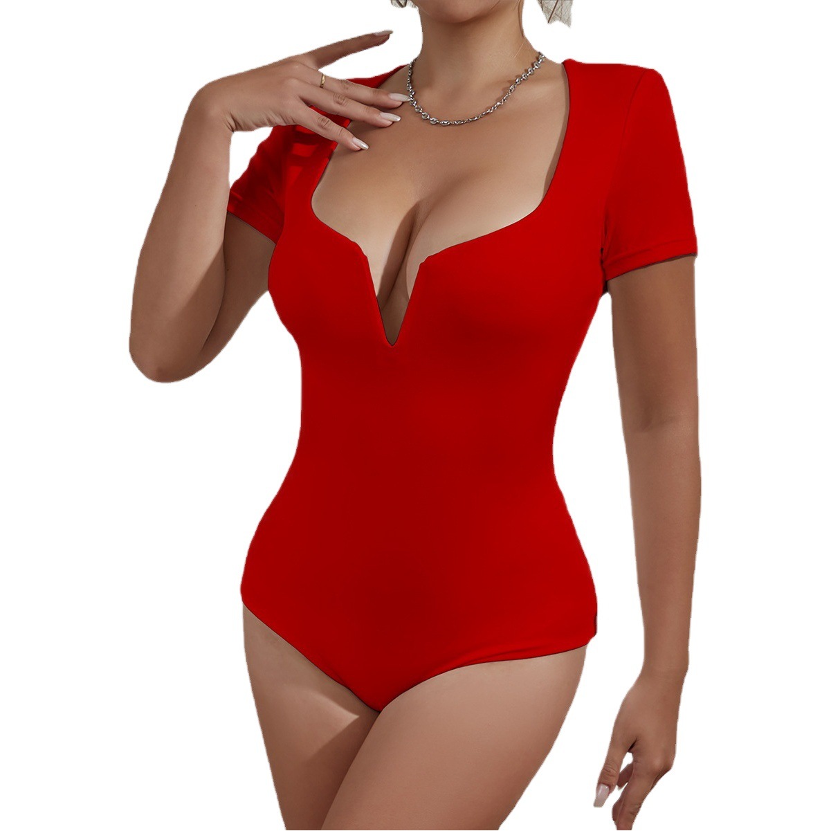 Nuevo mono de ropa femenina para comercio exterior transfronterizo 2026, estilo europeo y americano, con cuello en V profundo, manga corta, ajustado y sexy. image 1