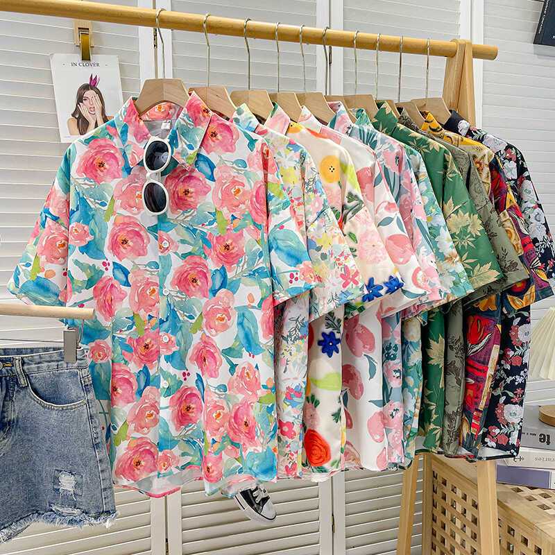 Hong Kong Style Retro Floral Shirt Performance Group Dance Festival Outer Wear Anti-Uv Short-Sleeved Shirt Summer Dance Travel