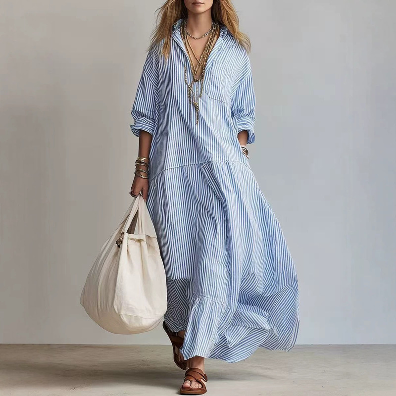 2026 European and American Style Vertical Striped Turn-Down Collar Shirt-Style Dress, Loose Fit with Dropped Shoulders, Long Sleeves, Ruffled Hem, Extra-Long Shirt Dress