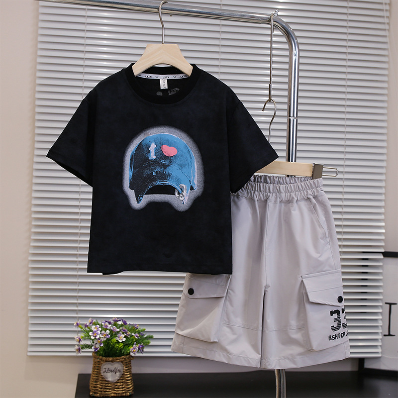 7247 Traje de manga corta para niños 2025 verano nuevo estilo Baby Net Red Fried Street Shorts Dos piezas Ropa para niños pequeños y medianos