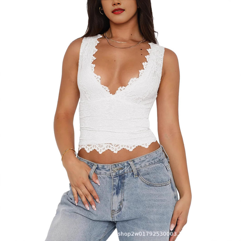 2025 New Style Women's Sexy V-Neck Sleeveless Double-Layered Y2K Fashion Lace Short Vest for Going Out