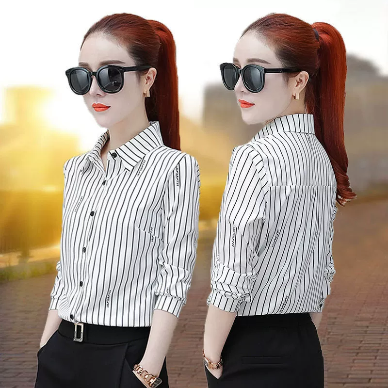 2022 Новая Черно-белая рубашка в Вертикальную Полоску, женская весна, лето и осень с длинными рукавами, универсальная профессиональная Темпераментная Женская рубашка для похудения