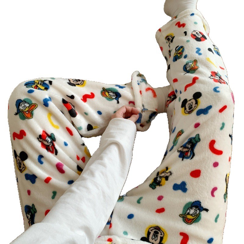 Pijamas de lana de coral otoño y invierno engrosados de goma de brida impresa suelta de dibujos animados calentamiento casual pantalones caseros de mujer
