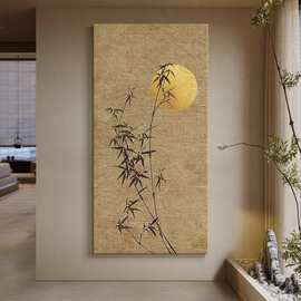 禅意新中式玄关侘寂风装饰画竖版竹子走廊过道挂画茶室书房高级感