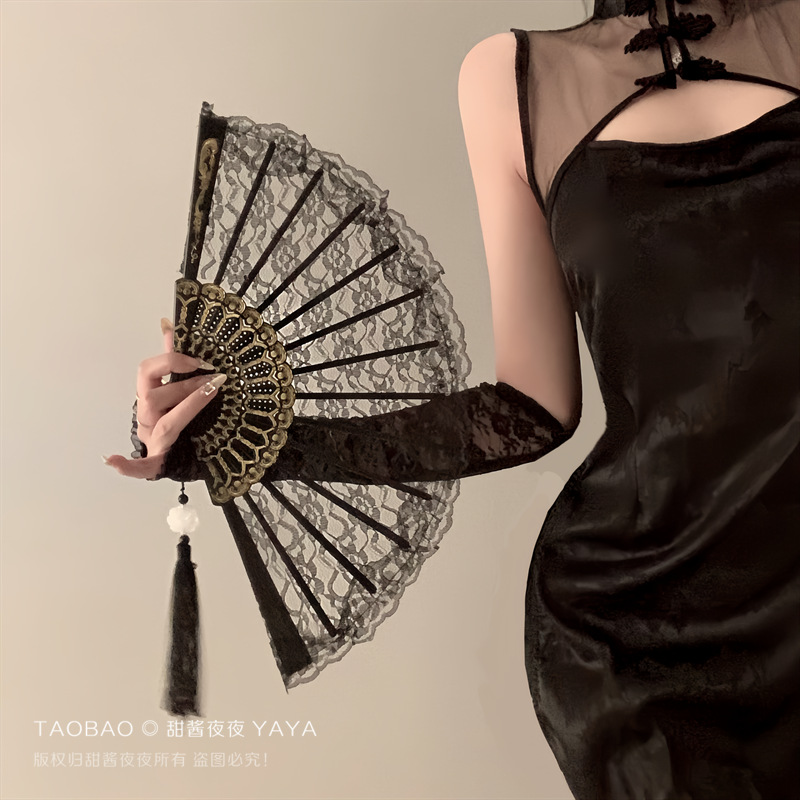 New Chinese Retro Black Lace Folding Fan Jk Lolita Hanfu Cheongsam Fan Tassel Antique Photography Props Female