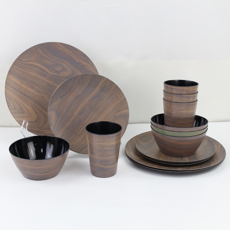 Cross-Border Foreign Trade Melamine Dinner Plate Portable Outdoor Picnic Camping Tableware Set Wooden Pattern Round Plate