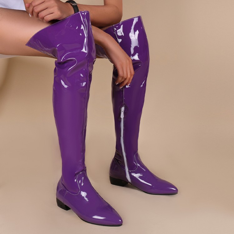 Stivali sopra il ginocchio da donna autunno e inverno con cerniera laterale in vernice color caramella con tacco basso, stivali alti fino al ginocchio W389_voghion.com