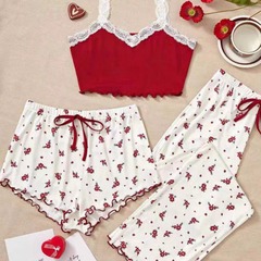 Women's Sexy Floral Pajama Set Summer Thin Strap Shorts and Pants Cute Homecoming Suit Three-Piece Set Outwear Trendy