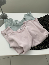 韩系淡人风双层圆领卷边雪花棉T恤女松弛感透气贝壳扣长袖上衣秋