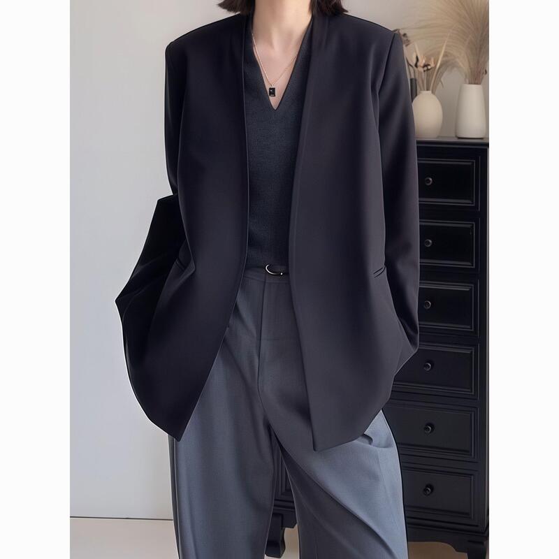 Designed Silhouette Collarless Blazer Spring Coat for Women, New Loose-Fitting Suit Jacket, Plus-Size Padded Shoulder Jacket