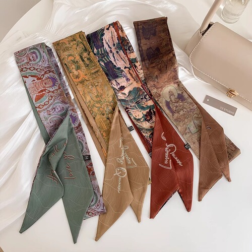 New Chinese Style Retro Dunhuang Series Silk Scarf Versatile Long Striped Hair Tying Band with Floating Ribbons, Elegant Match with Shirts and Small Collar Scarf