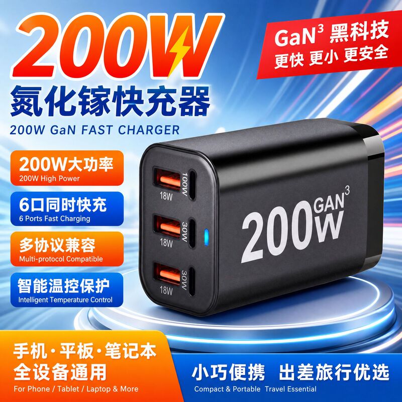 Cross-Border Mobile Phone and Tablet Universal Type-C Multi-Port Desktop Charger 200W High-Power Gallium Nitride Charging Head Cross-Border Mobile Phone and Tablet Universal Type-C Multi-Port Desktop Charger 200W High-Power Gallium Nitride Charging Head