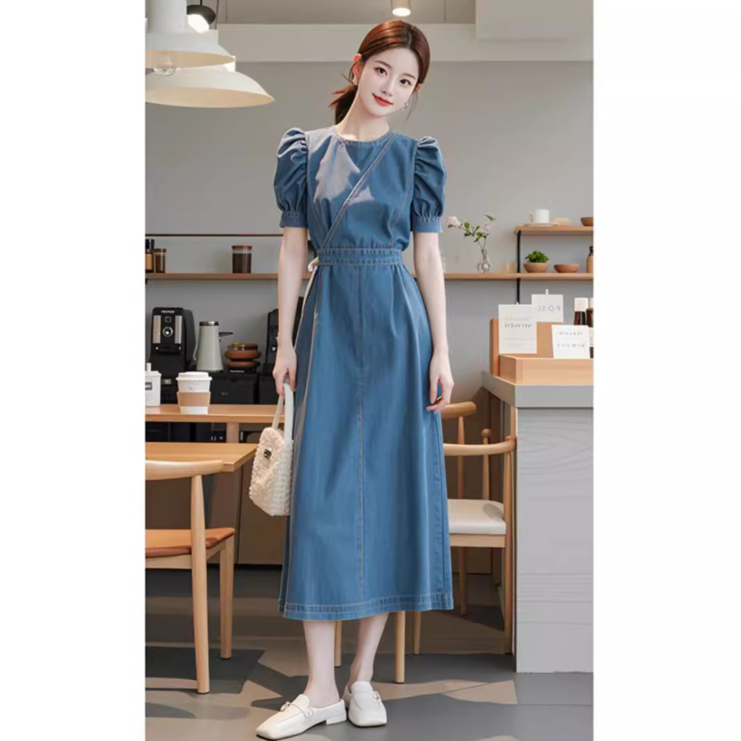 Váy denim xanh dáng maxi thắt eo phong cách Hàn Quốc mùa hè — Màu xanh lam
