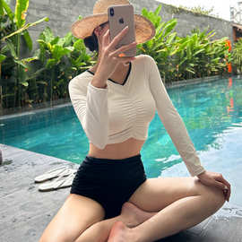 一件代发女游泳衣 分体长袖高腰短裤性感辣妹两件套欧美日韩批发