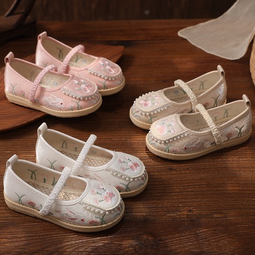 Kids baby pink white pearl embroidered fairy hanfu shoes old Beijing handmade cloth shoes strength performance of the girls