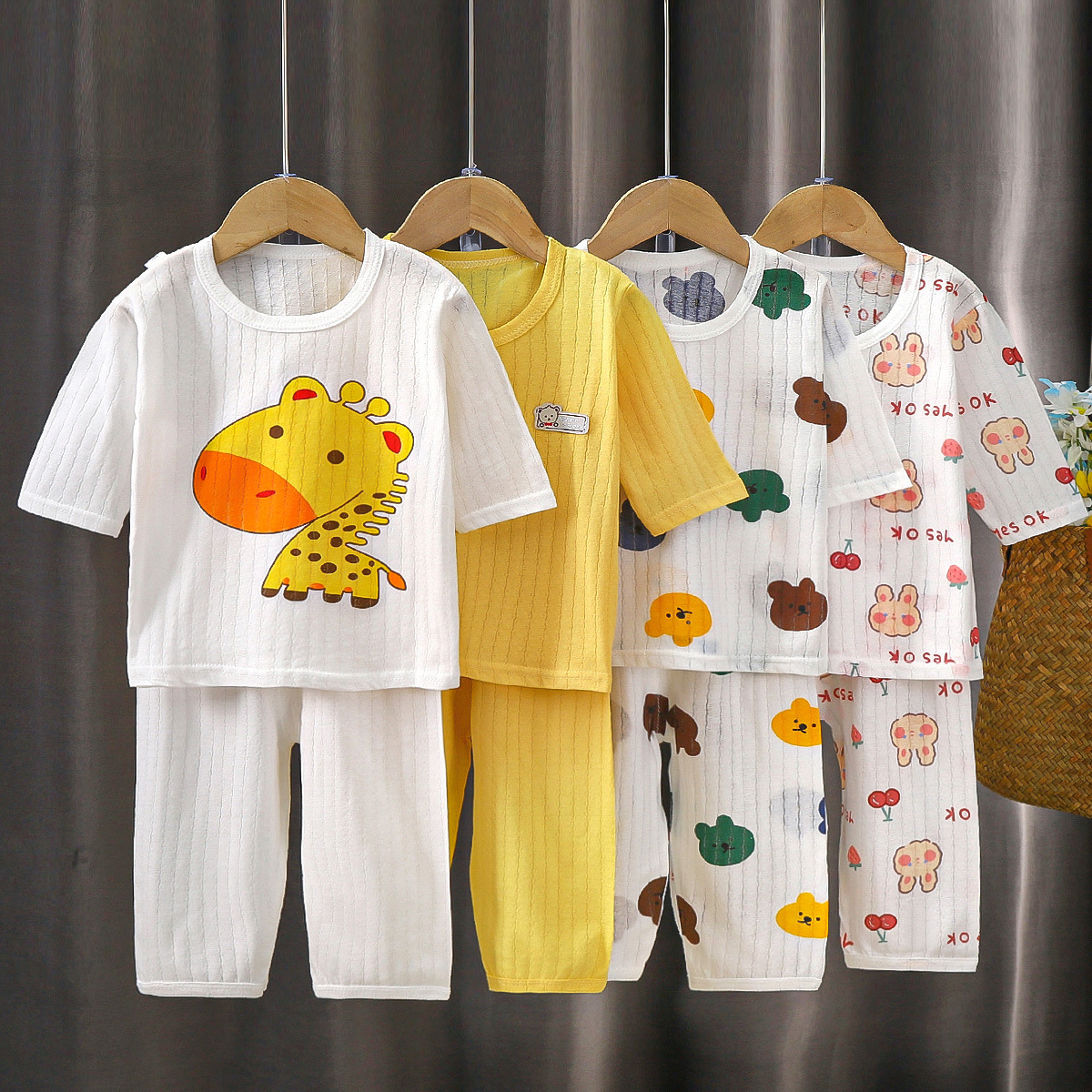 儿童空调服套装纯棉宝宝七分袖睡衣男女童夏季家居服薄款透气童装