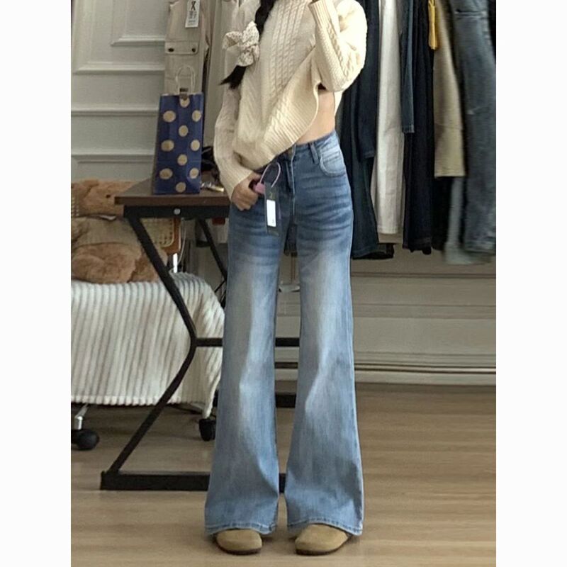 Women's Clothing: Spring Season, Petite Size, American Retro Style, Distressed Light-Colored Flared Jeans, Elastic High-Waisted, Slimming Straight Fit