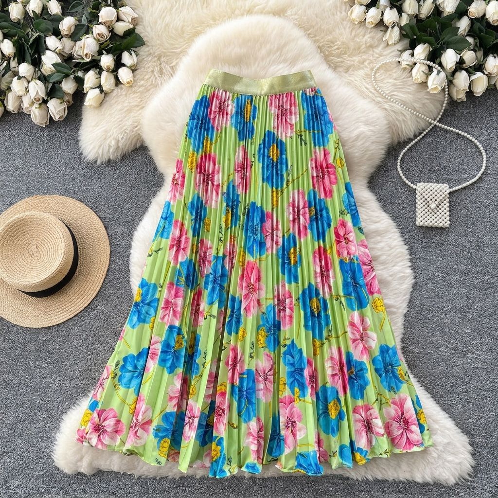 Women's Retro Print Pleated Skirt High Waist A-Line Midi Fashion Skirt for Commuting Summer Long Skirt European And American Style_ecoleips.com