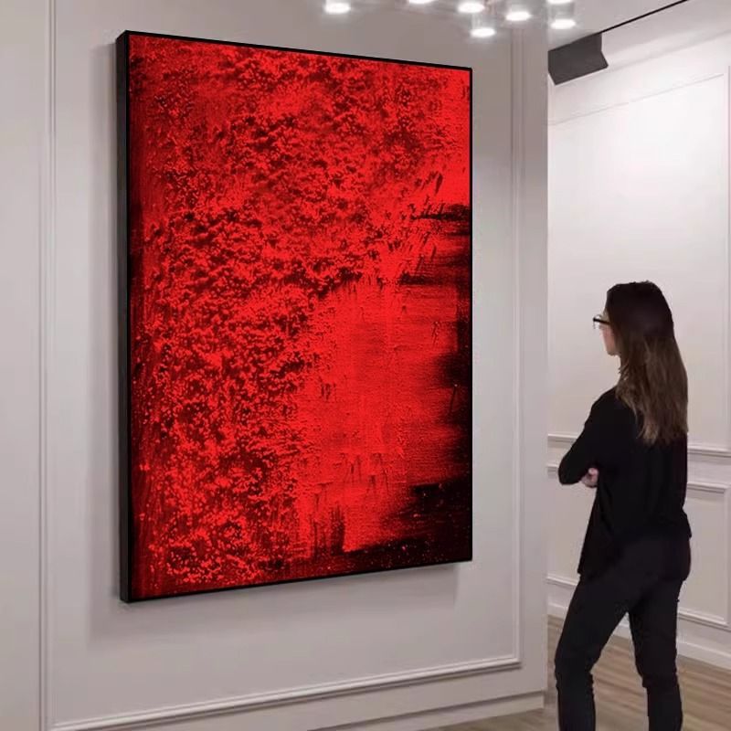 红色喷绘肌理油画玄关客厅现代装饰画过道背景挂画抽象视觉立体画