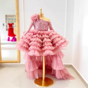 跨境亞馬遜粉色2025夏女童走秀公主蓬蓬裙兒童禮服洛麗塔花童裙撐