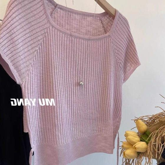 French Style Hollow Strap Ice Silk Knitted Sweater Square Collar Shoulder T-Shirt Short Sleeve New Design Sense Niche Top Women's Summer